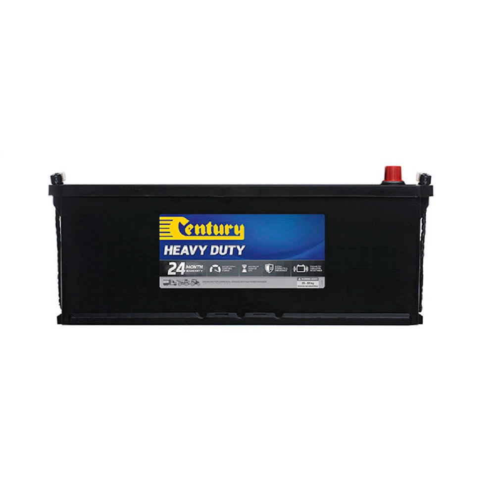 Century Battery Commercial Cal 12V 900CCA-DIN135LMF. Front view of black rectangle battery with yellow Century logo on blue and black label on front.