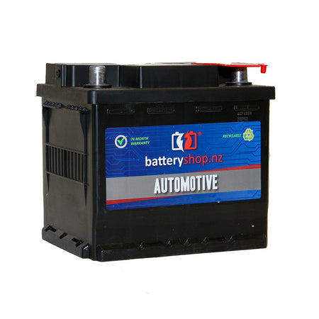 Heavy Duty Battery Automotive AGM 12V 520CCA.  Angled view showing label and terminals.