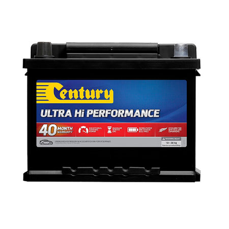 Century Battery Automotive CAL 12V 500CCA-DIN53LHXMF. Front view of black battery with yellow Century logo on blue and red label on front.