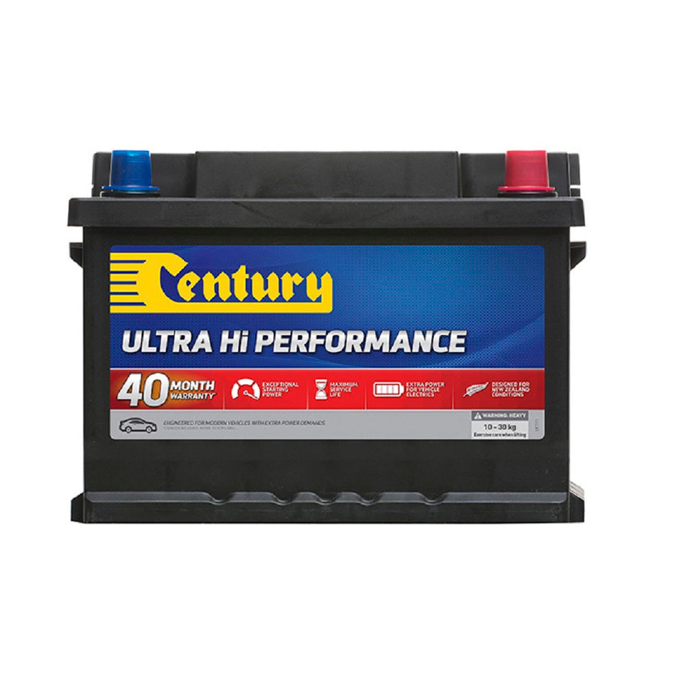 Century Battery Automotive CAL 12V 500CCA-DIN53LXMF. Front view of black battery with yellow Century logo on blue and red label on front. 