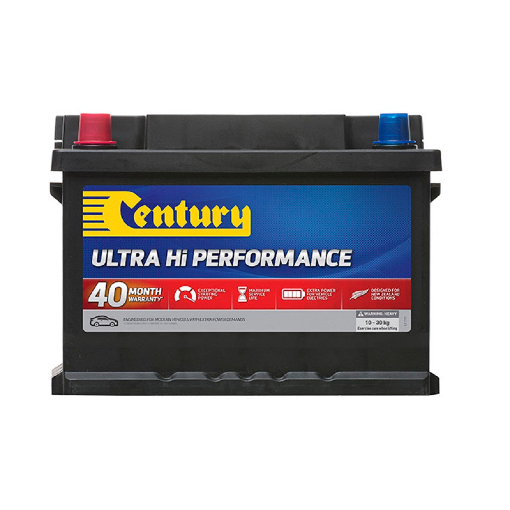 Century Battery Automotive CAL 500CCA-DIN53RXMF. Front view of black battery with yellow Century logo on blue and red label on front.