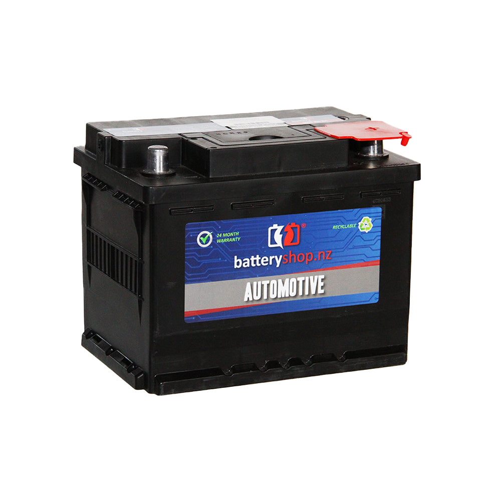 Batteryshop.nz Heavy Duty Battery Automotive AGM 12V 640CCA (ISS) - DIN55LAGMU.  Angled view showing label and terminals.