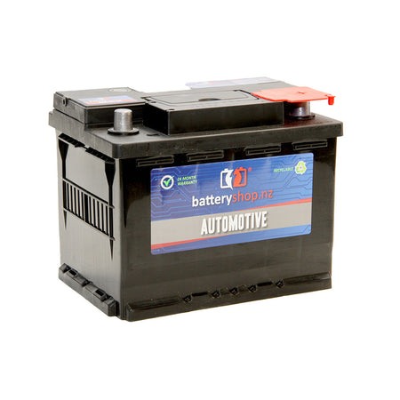 Batteryshop.nz Heavy Duty Automotive Battery 12 Volt 525CCA.  Angled view showing label and terminals.