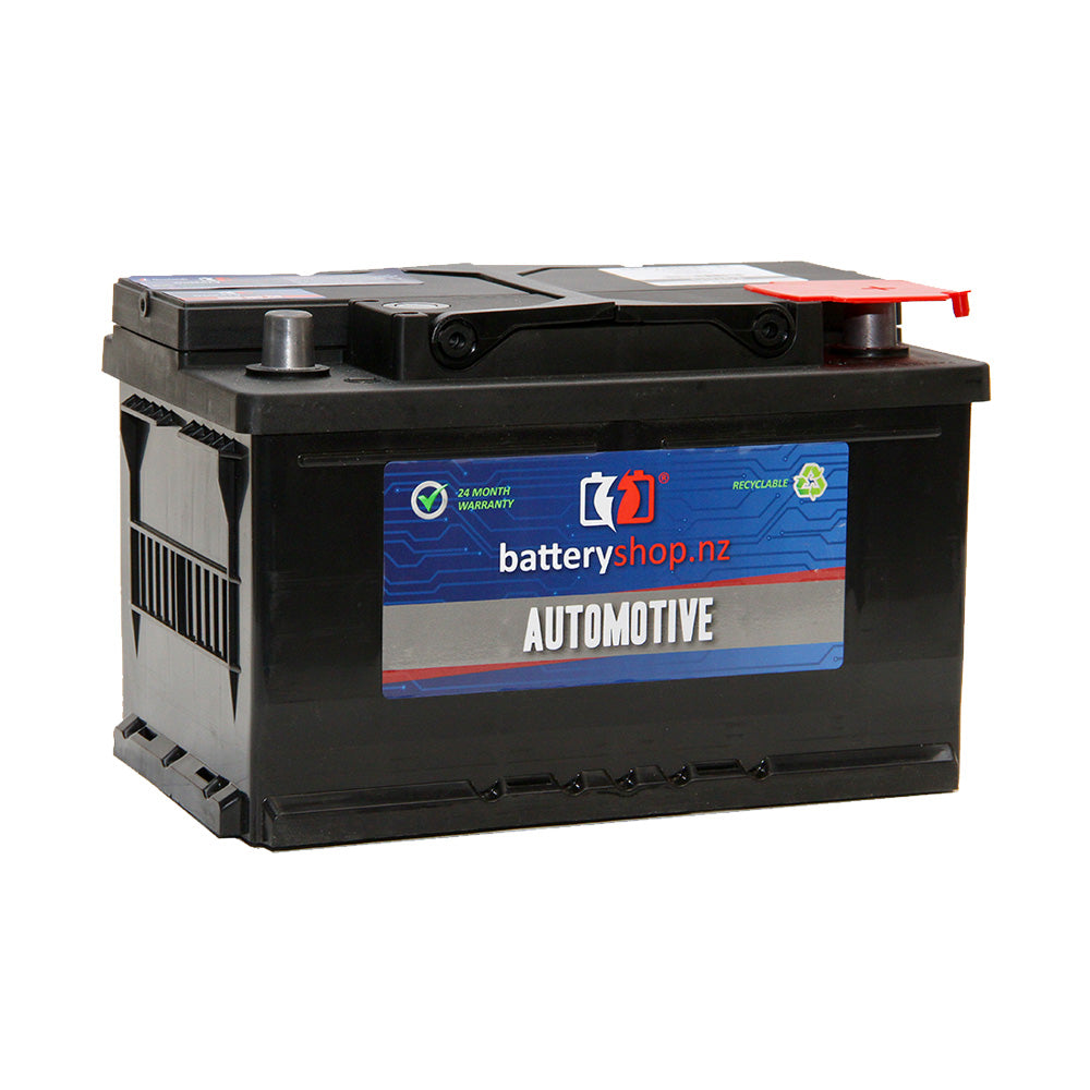 Batteryshop.nz Heavy Duty Automotive Battery 12 Volt 630CCA.  Angled view showing label and terminals.