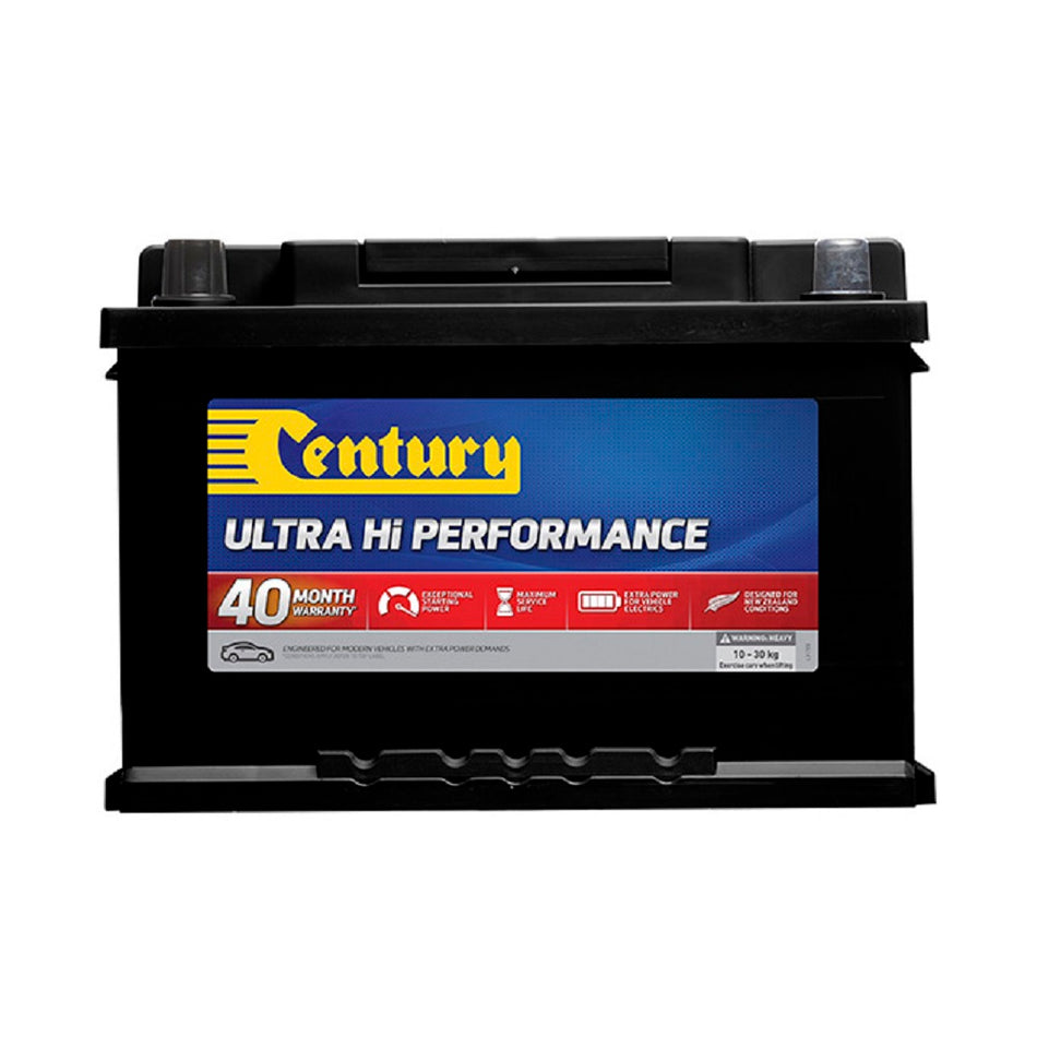 Century Battery Automotive CAL 12V 710CCA-DIN65LHXMF. Front view of black battery with yellow Century logo on blue and red label on front.