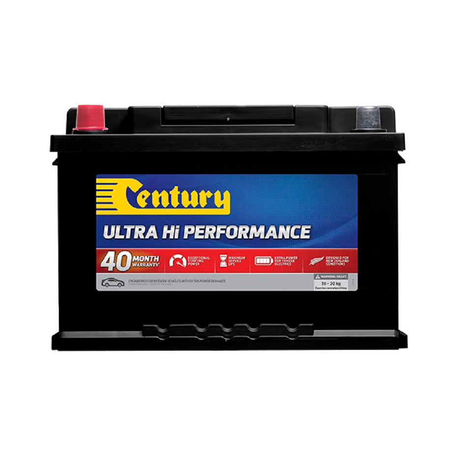 Century Battery Automotive CAL 12V 710CCA-DIN65RHXMF. Front view of black battery with yellow Century logo on blue and red label on front.