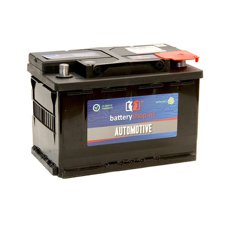 Batteryshop.nz Heavy Duty Automotive Battery CAL 12 Volt 680CCA.  Angled view showing label and terminals.