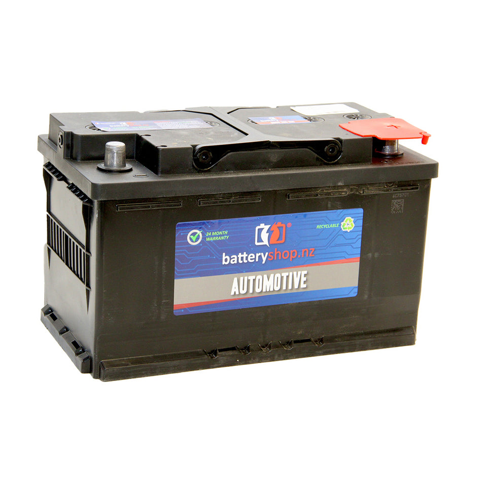 Batteryshop.nz Heavy Duty Automotive Battery AGM ISS 12 Volt 760CCA.  Angled view showing label and terminals.