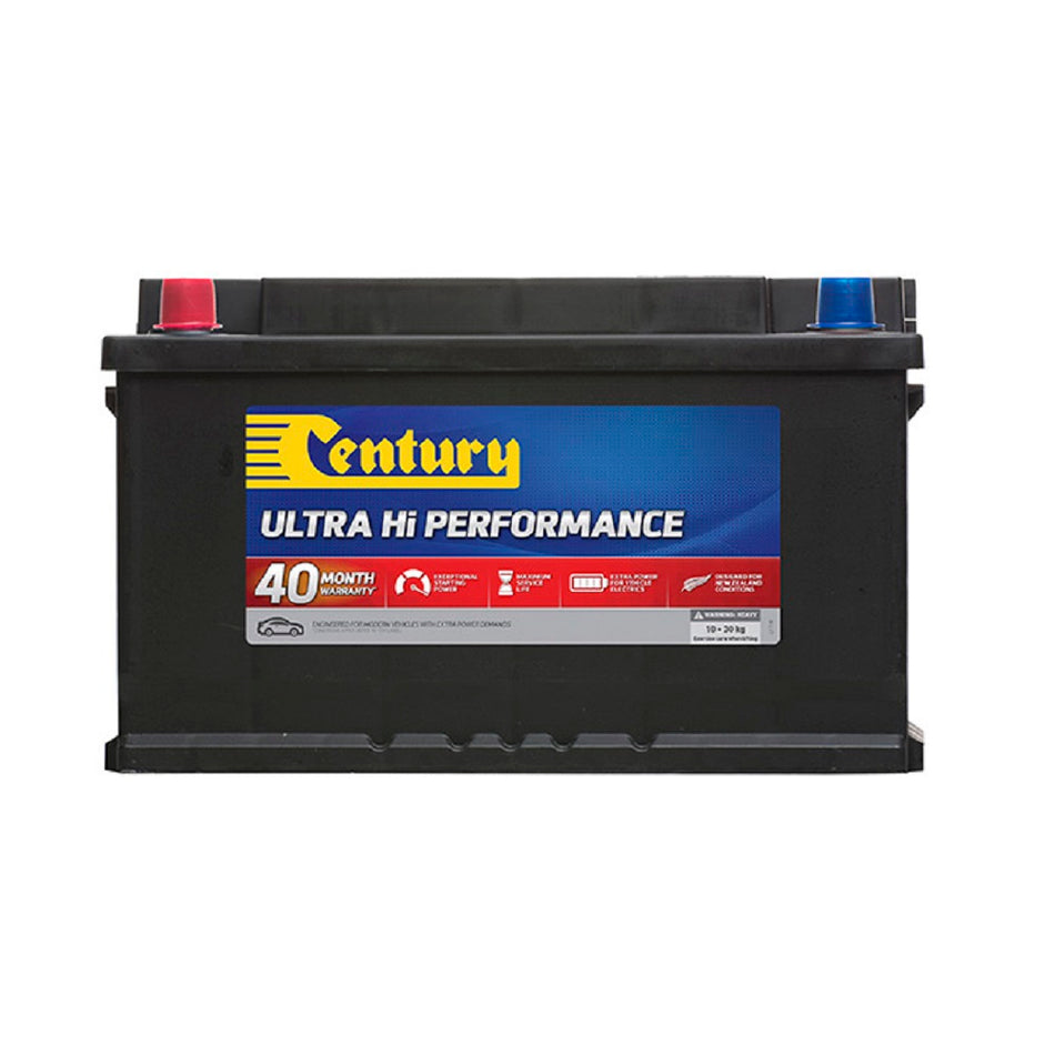 Century Battery Automotive CAL 12V 830CCA-DIN75RHXMF. Front view of black battery with yellow Century logo on blue and red label on front.