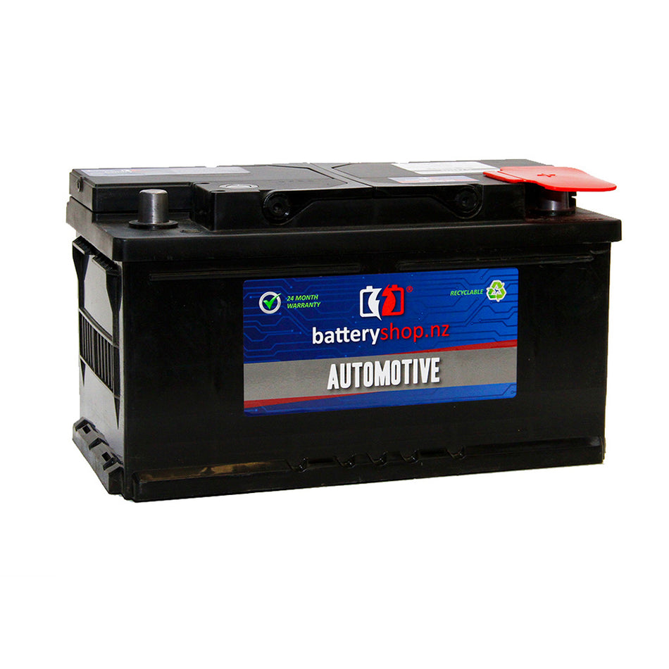 Batteryshop.nz Heavy Duty Battery Automotive CAL 12V 730CCA.  Angled view showing label and terminals.