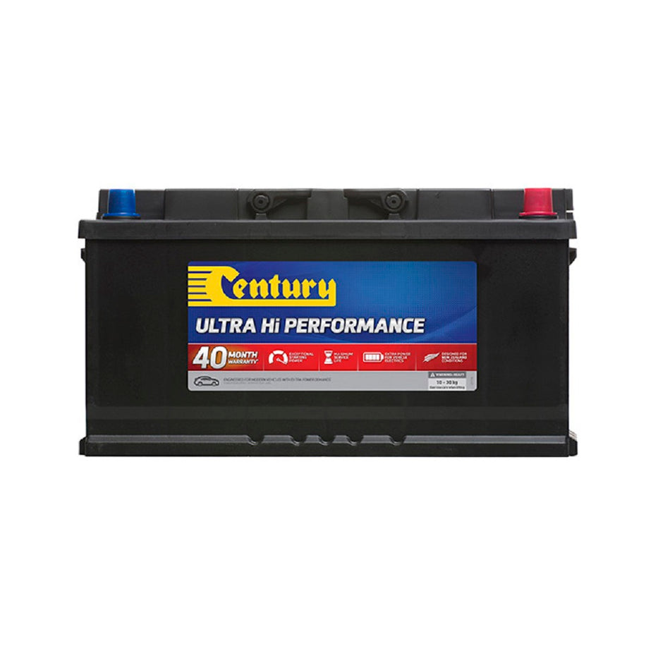 Century Battery Automotive CAL 12V 860CCA-DIN85LHXMF. Front view of black battery with yellow Century logo on blue and red label on front.