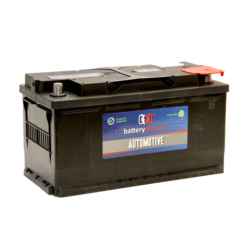 Batteryshop.nz Heavy Duty Automotive Battery AGM 12V 850CCA (ISS).  Angled view showing label and terminals.