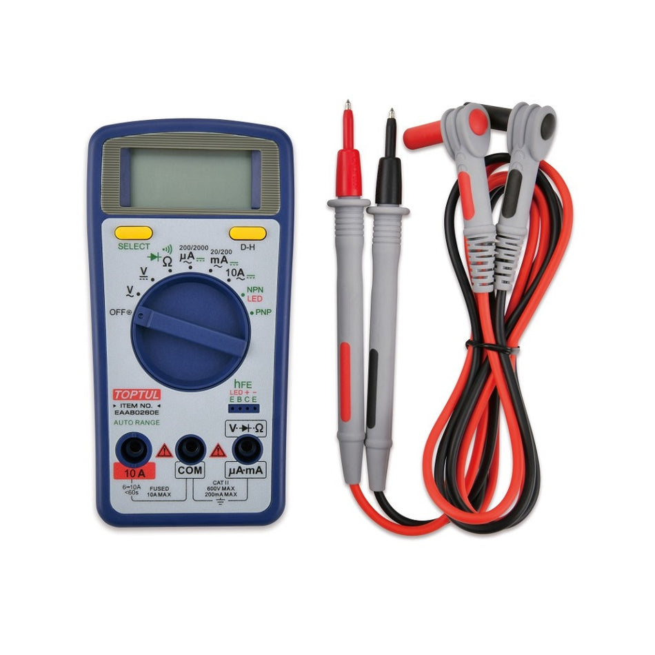 Toptul Digital Multimeter-EAAB0260E. Front view of blue multimeter with grey front and 2 x multimeter leads in black and red.