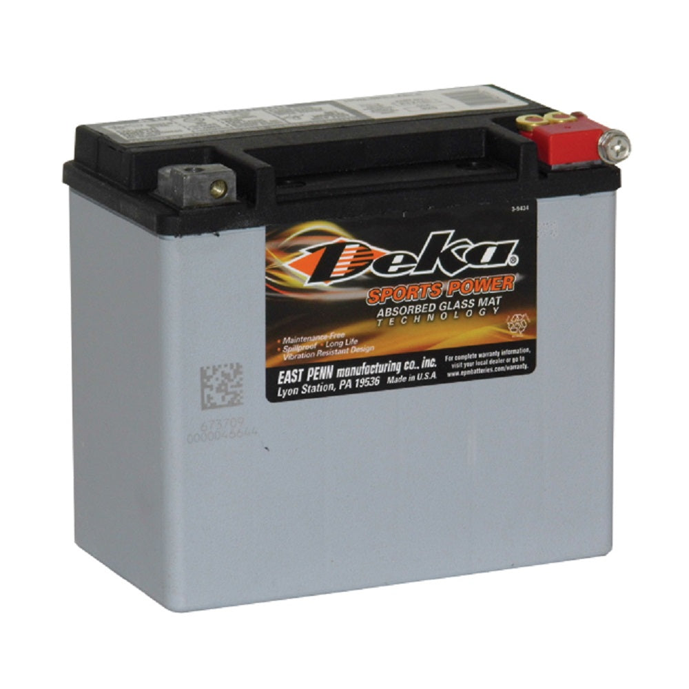 Deka Battery Motorcycle 12V AGM 325CCA-ETX16L.  Front view of grey battery with black top and Deka logo on the front.