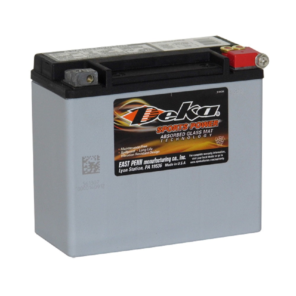 Deka Battery Motorcycle 12V AGM 310CCA-ETX20L. Front view of grey battery with black top and Deka logo on the front.