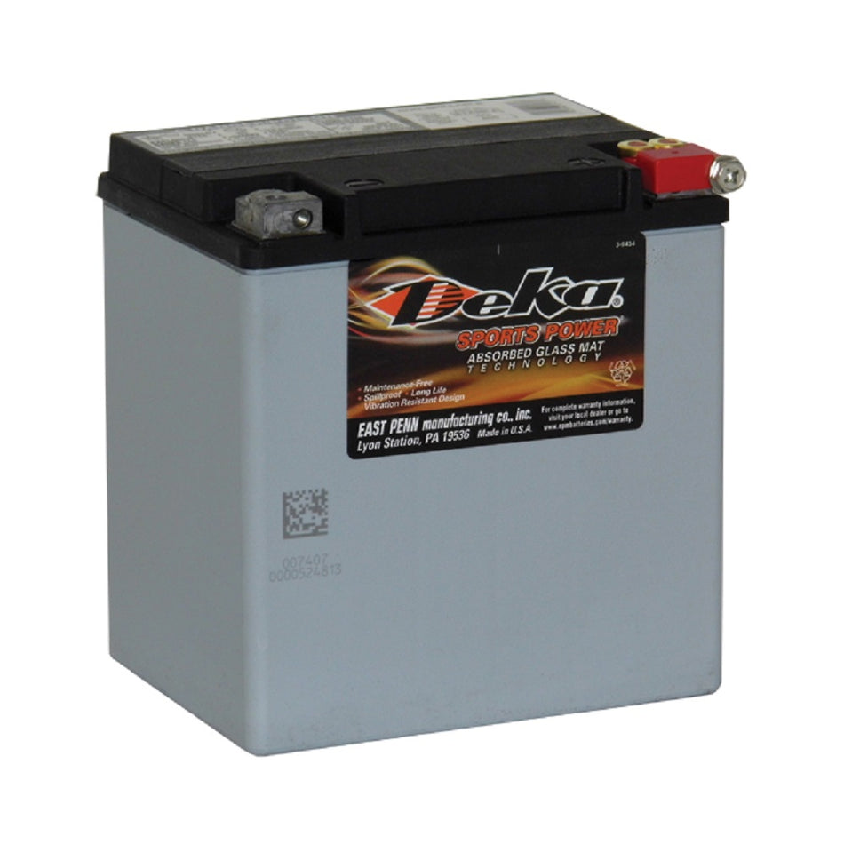 Deka Battery Motorcycle 12V AGM 400CCA-ETX30LA. Front view of grey battery with black top and Deka logo on the front.