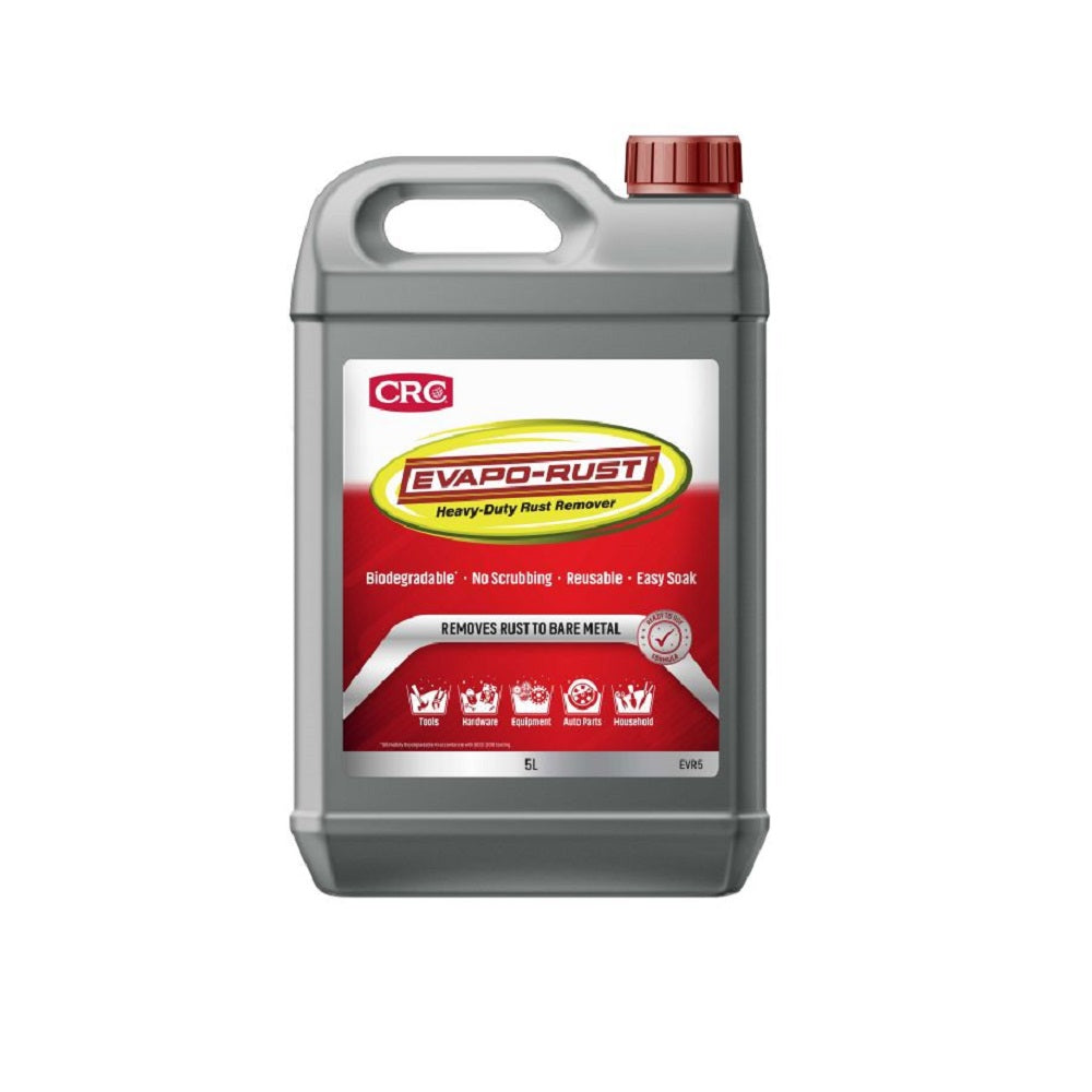 CRC Evapo-Rust Ready to Use 5L-EVR5. Front view of grey plastic container with red, white and yellow label with red CRC logo and a dark red cap.