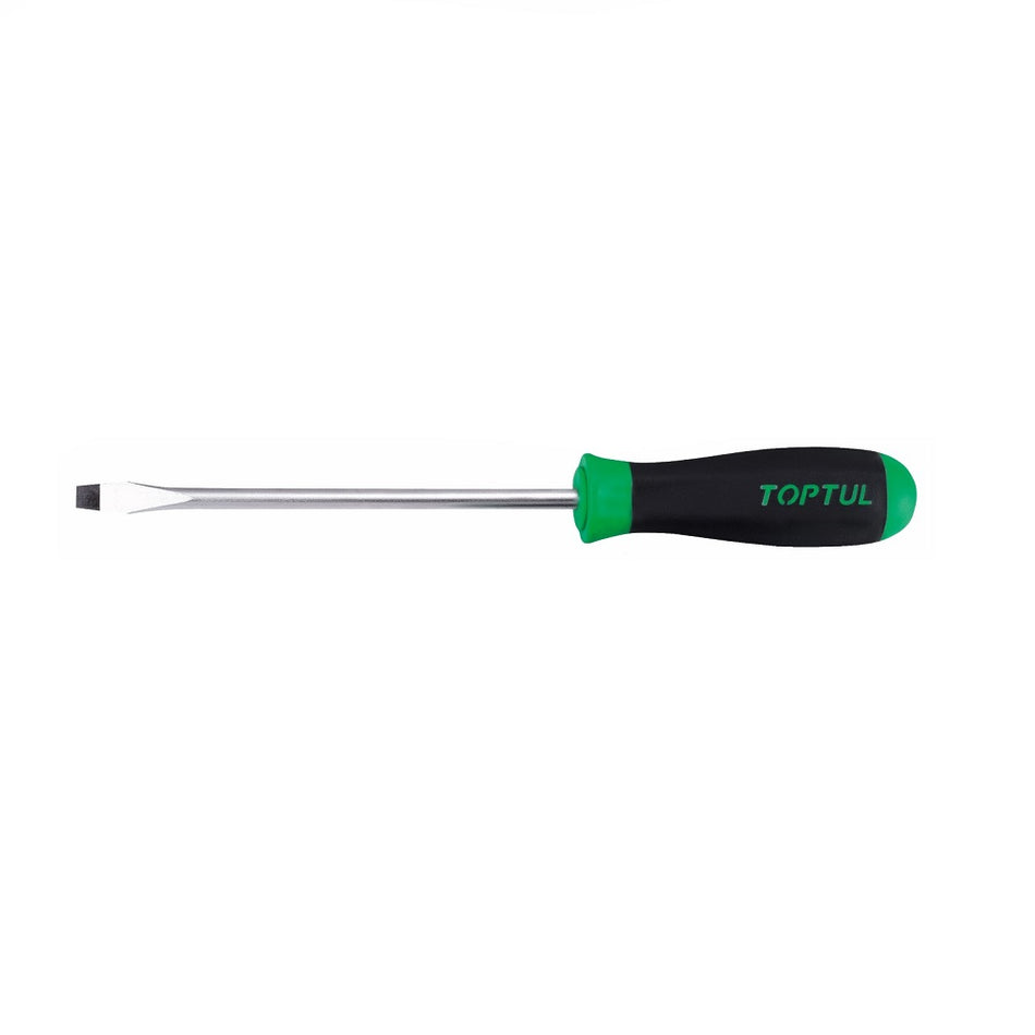 Toptul Screwdriver Flat 3 x 75mm-FAAB0308. Front view of steel screwdriver with black tip and black and green handle.