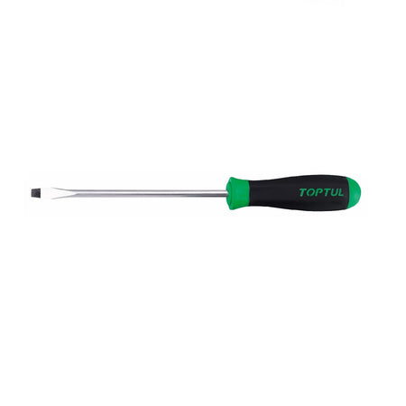 Toptul Screwdriver Flat 6.5 x 150mm-FAAB6E15. Front view of steel screwdriver with black tip and black and green handle.