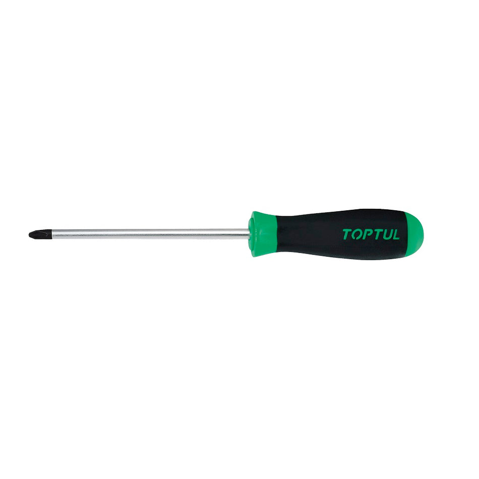 Toptul Screwdriver Phillips PH1 x 100mm-FBAB0110. Front view of steel screwdriver with black tip and black and green handle.