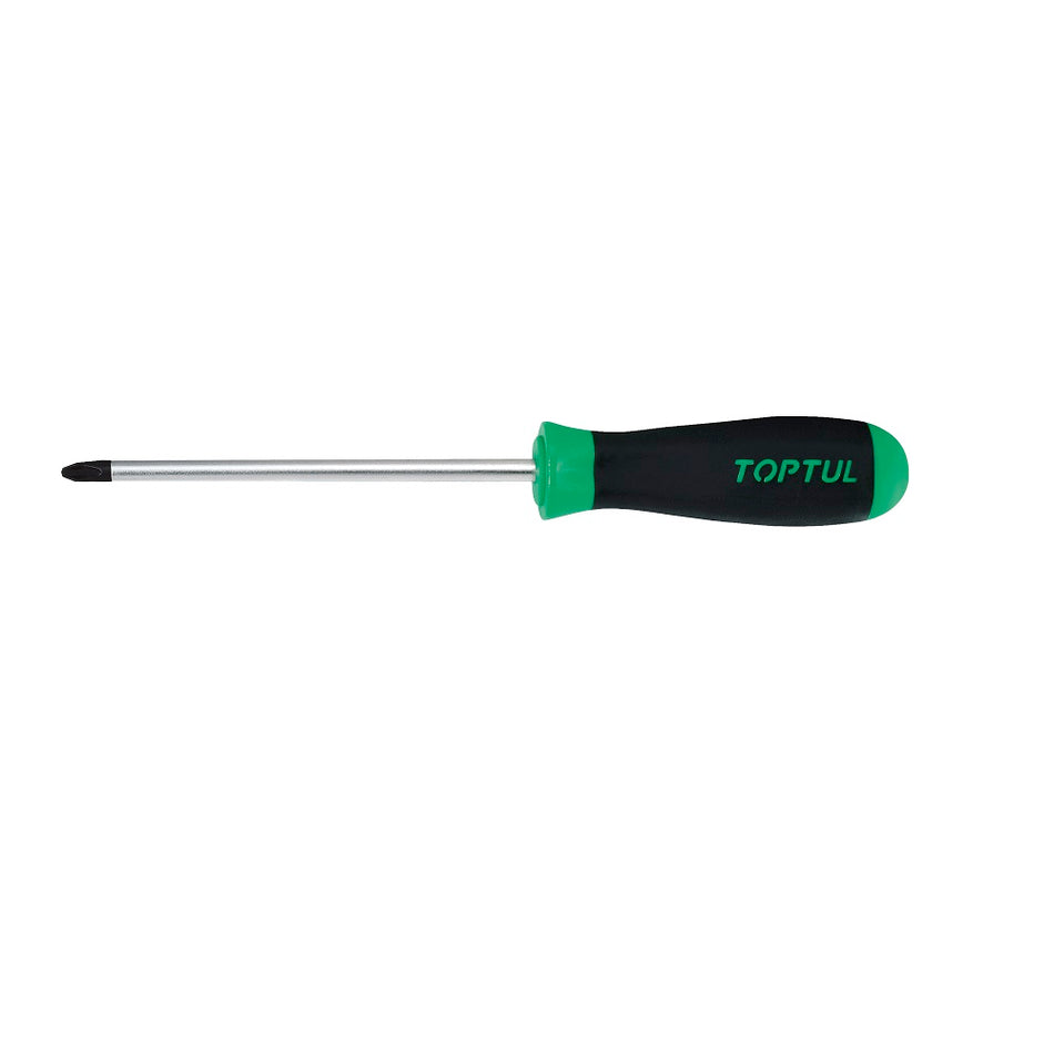 Toptul Screwdriver Phillips PH2 x 100mm-FBAB0210. Front view of steel screwdriver with black tip and black and green handle.