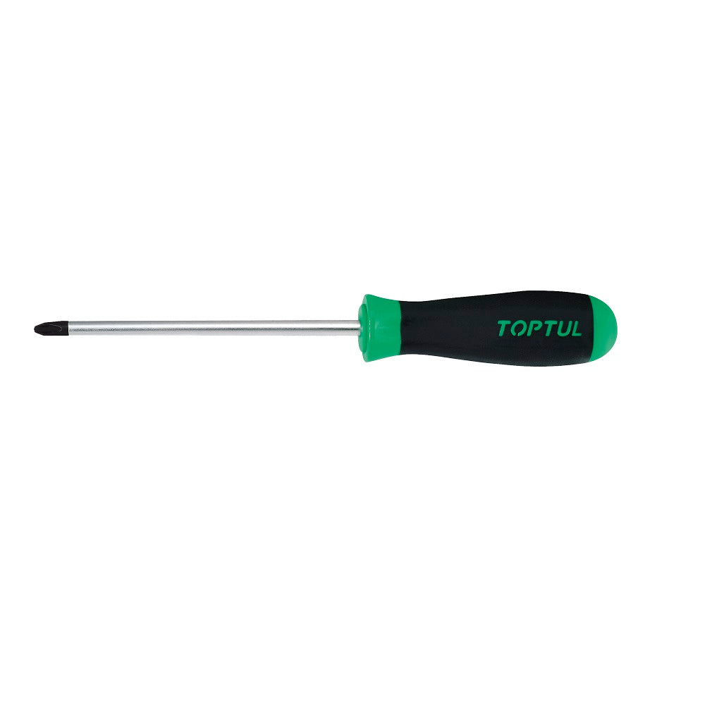 Toptul Screwdriver Phillips PH2 x 150mm-FBAB0215. Front view of steel screwdriver with black tip and black and green handle.