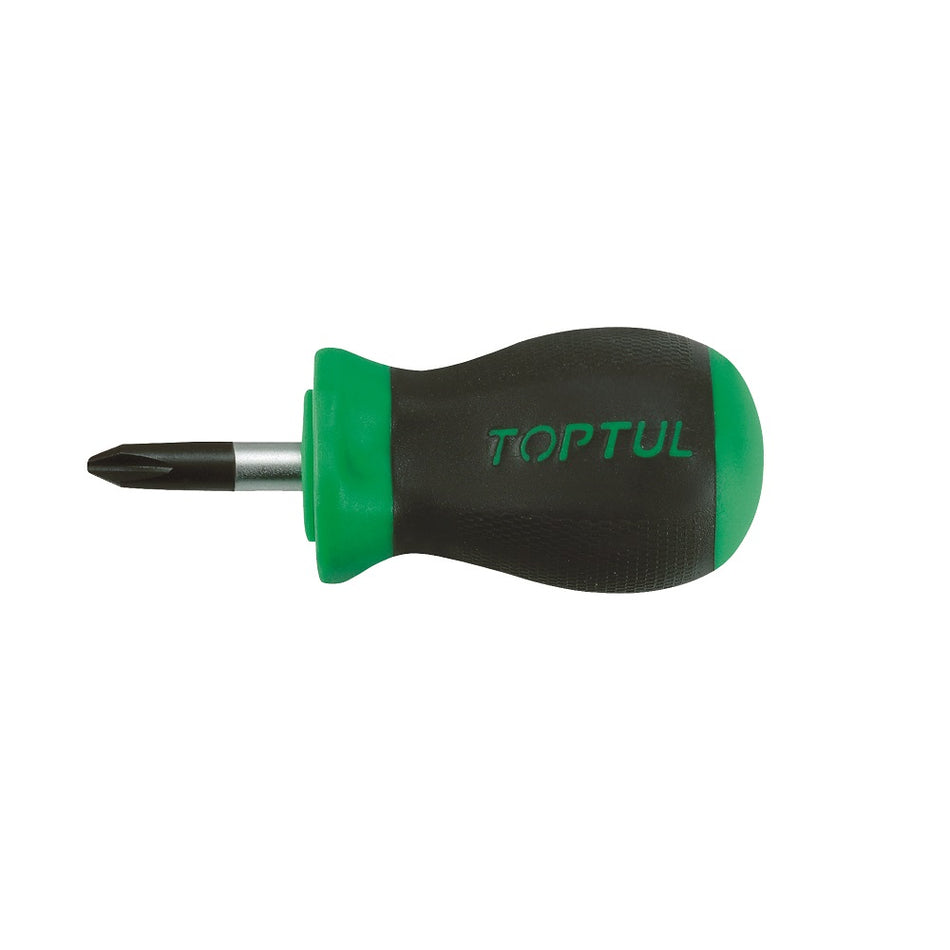 Toptul Screwdriver Phillips PH2 x 25mm (Stubby)-FBBB0203. Front view of steel stubby screwdriver with black and green handle.