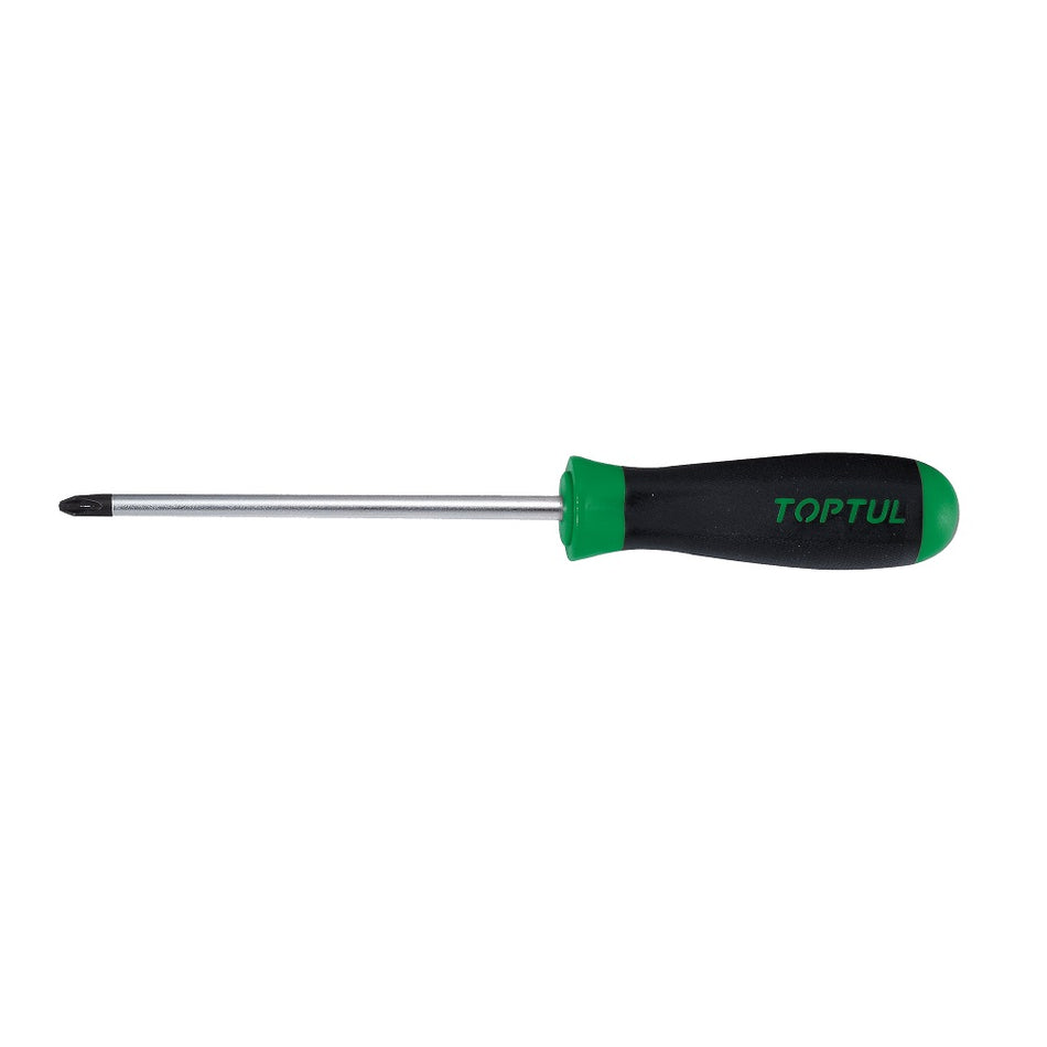 Toptul Screwdriver Pozi PZ2 x 100mm-FCAB0210. Front view of steel screwdriver with black end and black and green handle.