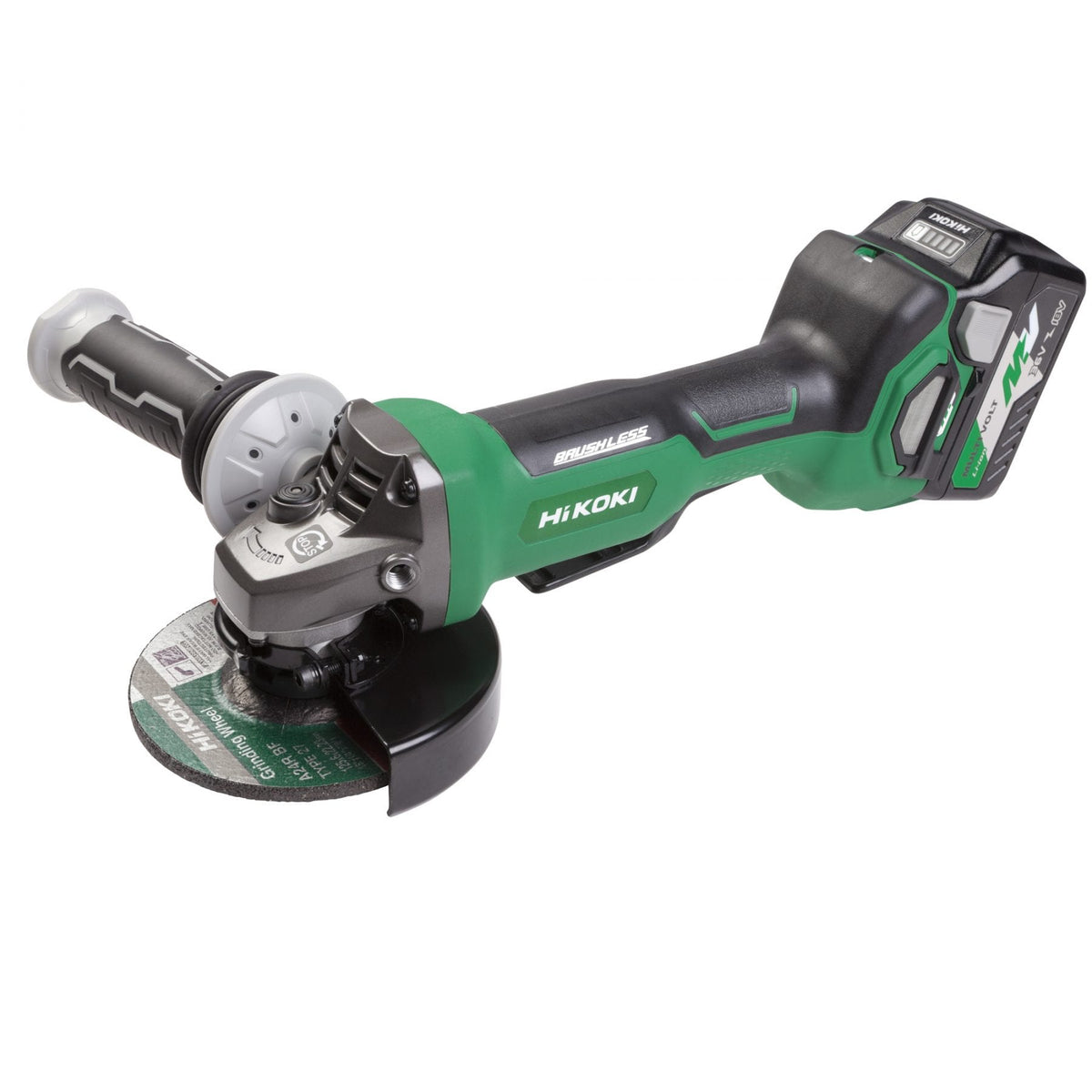 Hikoki 36v 125mm Angle Grinder Kit - G3613DBGRZ.  Angled view of disc grinder with battery fitted.