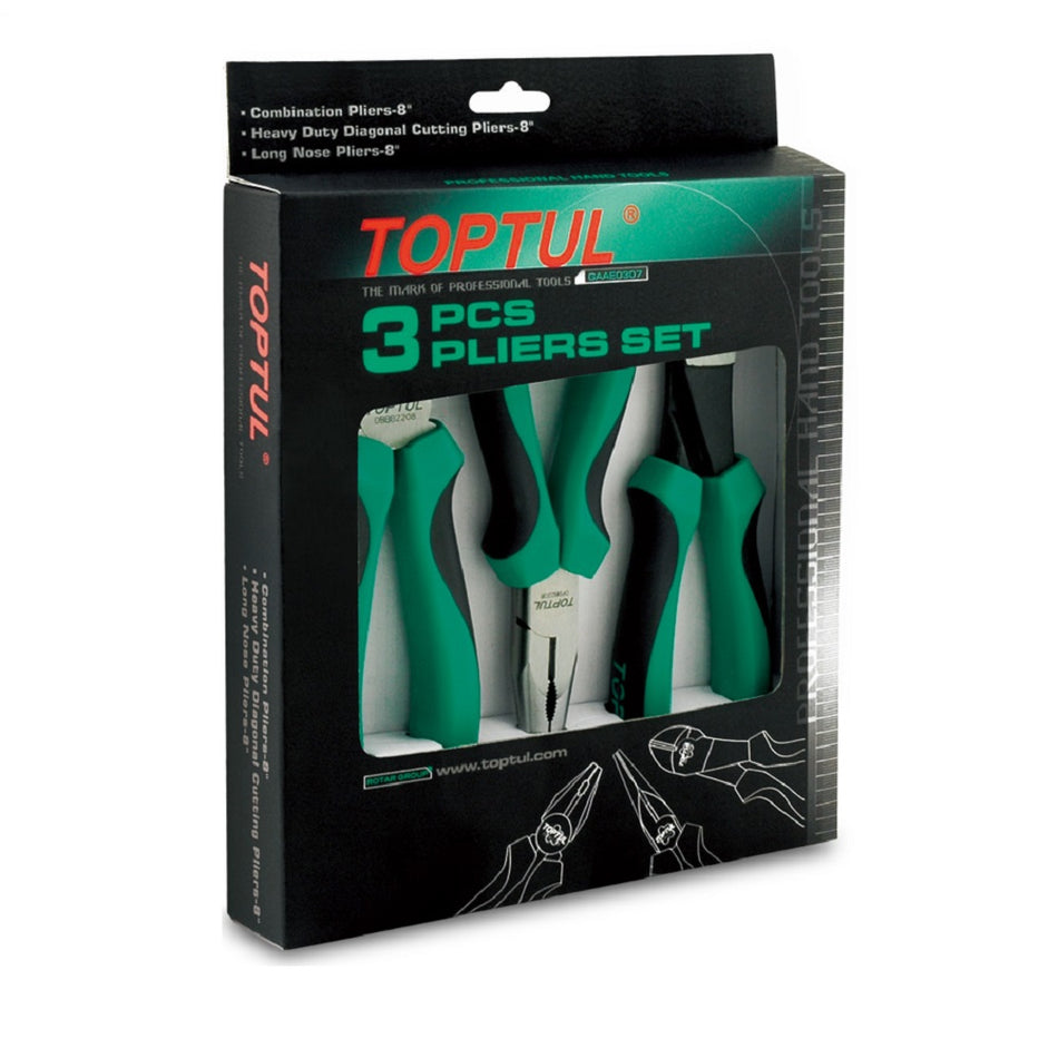 Toptul Plier Set 3pc-GAAE0307. Front view of black boxed set of 3 x pliers with window showing 2 pliers on the bottom and one at the top.