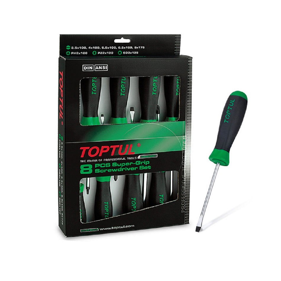 Toptul Screwdriver Set 8 Pce-GAAE0821. Front view of black boxed screwdrivers with two windows in front showing 4 screwdrivers on top and 4 on the bottom and one out of the box.