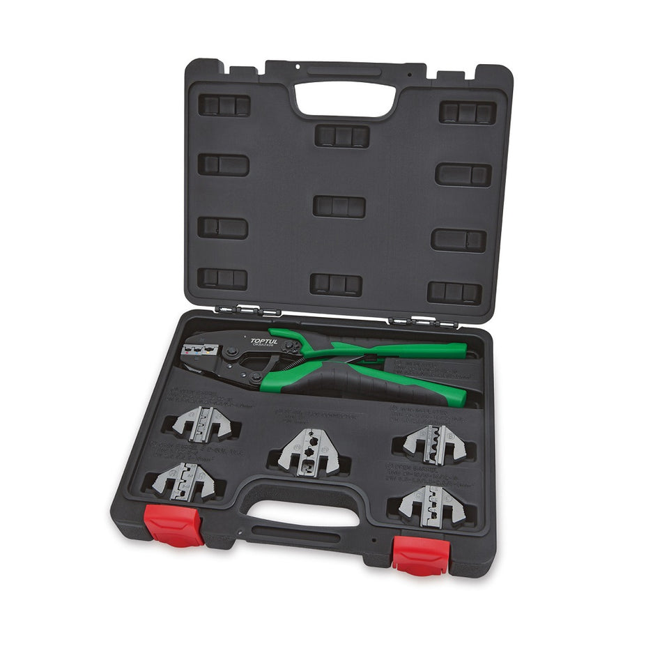 Toptul Crimping Tool Kit 7 Pce-GAAI0704. Front view of black plastic case with crimper and 5 x extra jaws in bottom part.