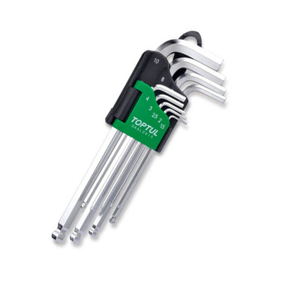 Toptul Hex Key BP Set Long 9 Pce-GAAL0916. Front view of chrome hex key set in a black and green plastic holder.