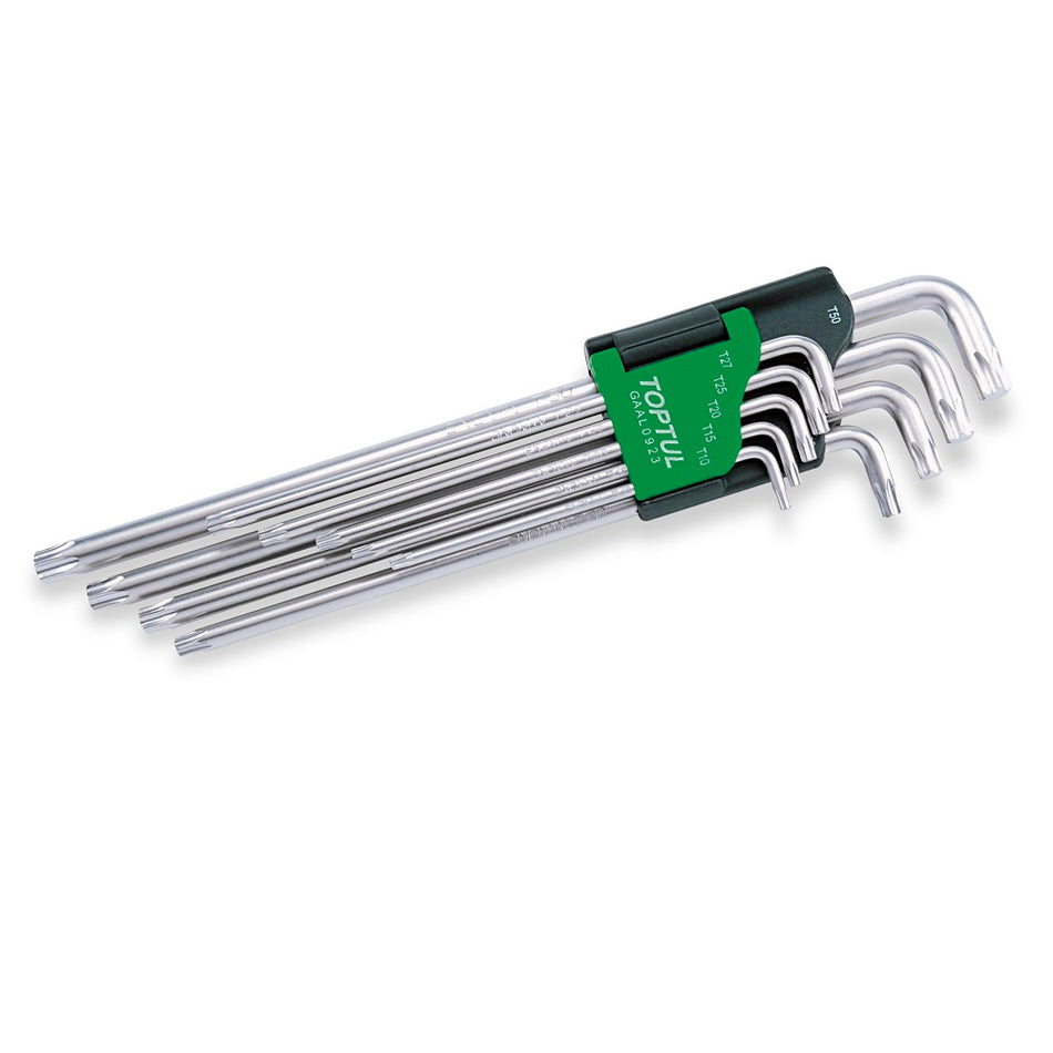 Toptul Star Set Extra Long 9 Pce-GAAL0923. Front view of chrome Hex Keys in a black and green moulded plastic holder.