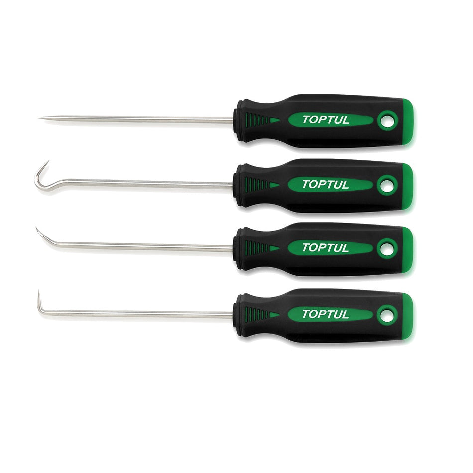 Toptul Hook & Pick Set 4 Pce-GAAR0401. Front view of 3 x picks and 1 x hook with black handles with green ends and Toptul logo on them.