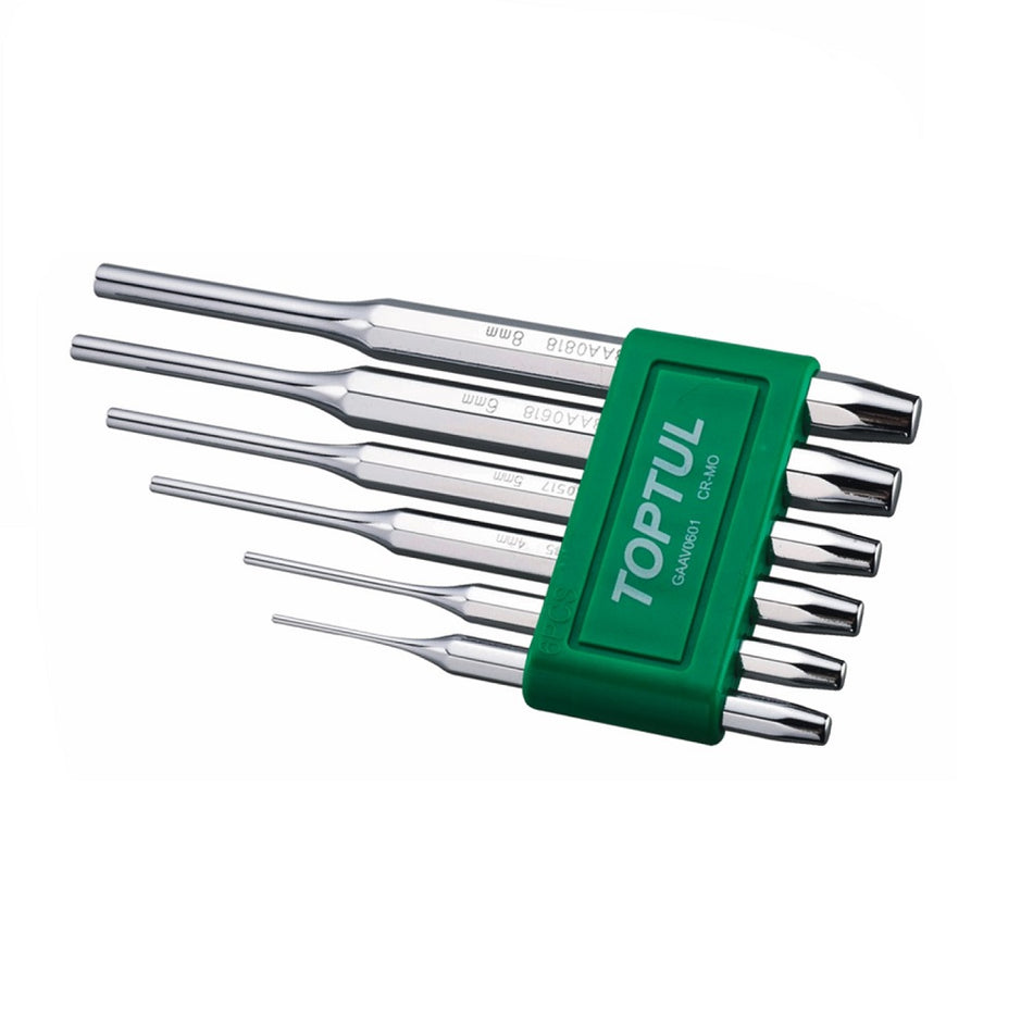 Toptul Pin Punch Set 6 Pce-GAAV0601. Front view of 6 x pin punches in a green plastic holder with white Toptul logo on the front.