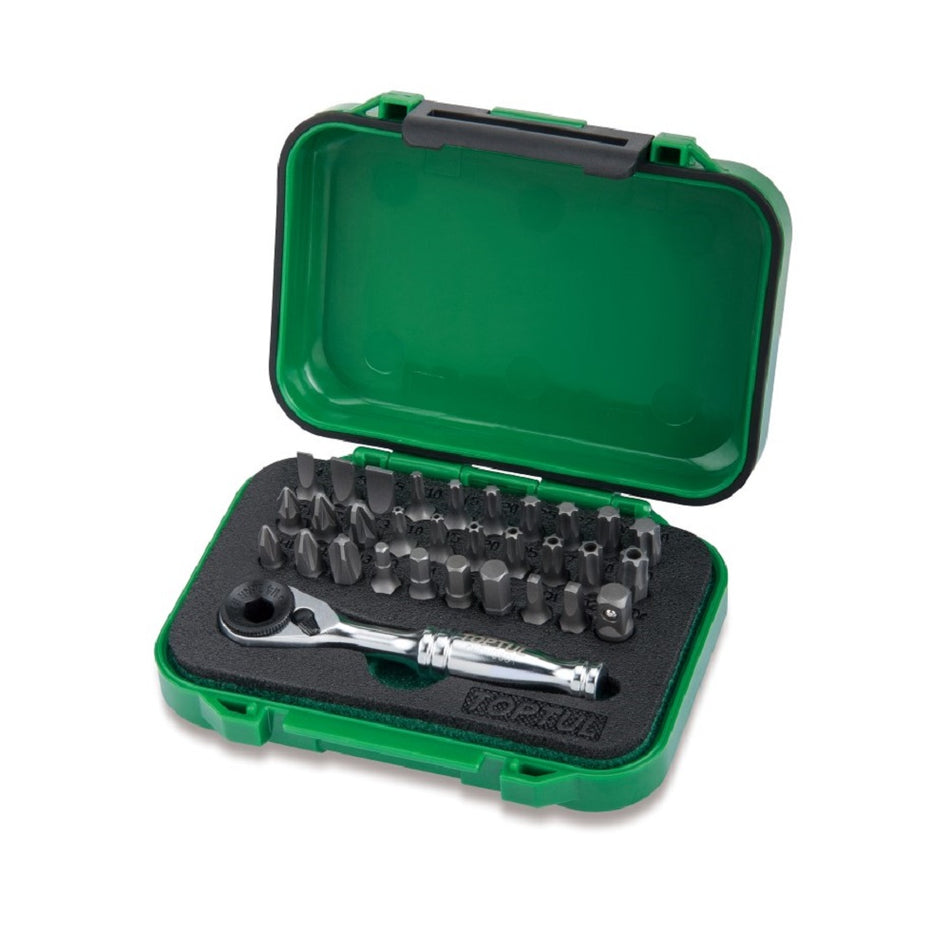 Toptul Mini Ratchet Bit Set 31 Pce-GABW3103. Front view of bit set with ratchet in front of bits in a green plastic storage case.