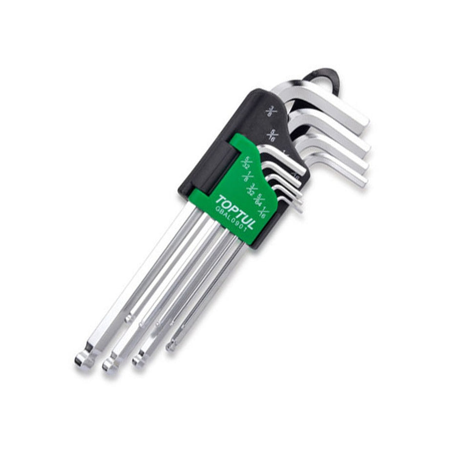 Toptul Hex Key BP Set Long 9 Pce SAE-GBAL0901. Front view of chrome hex keys in a black moulded holder with a hinged green holder for the small hex keys.