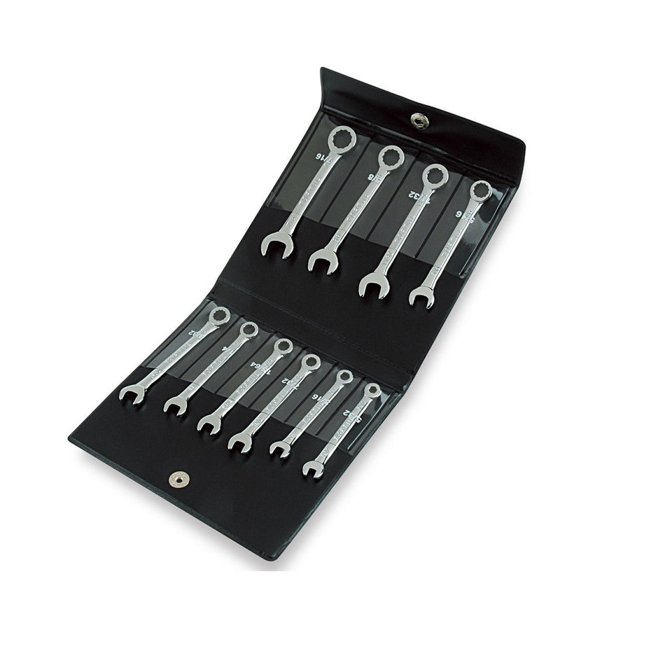 Toptul Mini Combination Wrench Set 10 Pce-GBBA1001. Front view of mini wrenches in a black plastic sleeve.