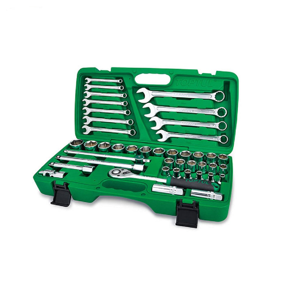 Toptul Socket Wrench Set 1/2" DR 42 Pce-GCaI4201. Front view of socket wrench set with wrenches on the top and the sockets and tools on the bottom of a green blow plastic case.