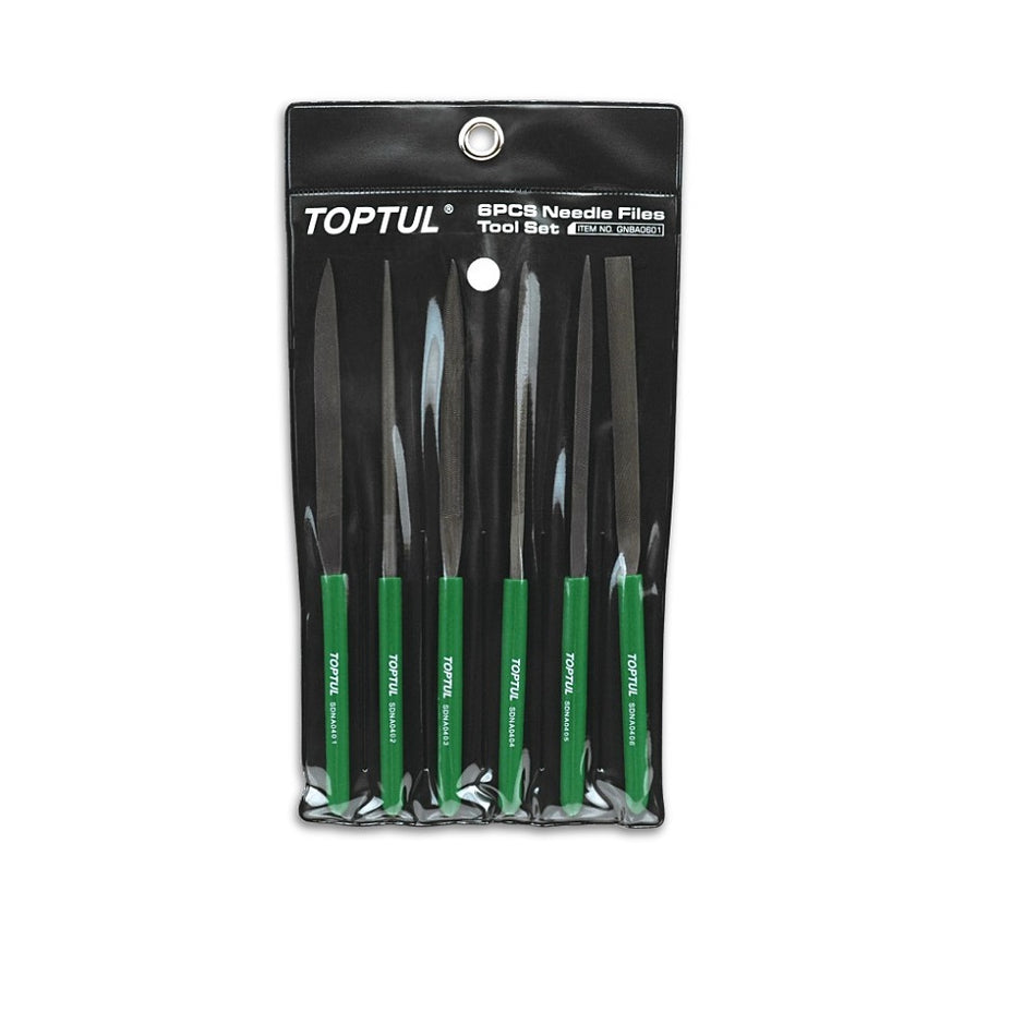 Toptul Needle File Set 6 Pce-GNBA0601. Front view of plastic sleeve containing 6 x files with green handles.