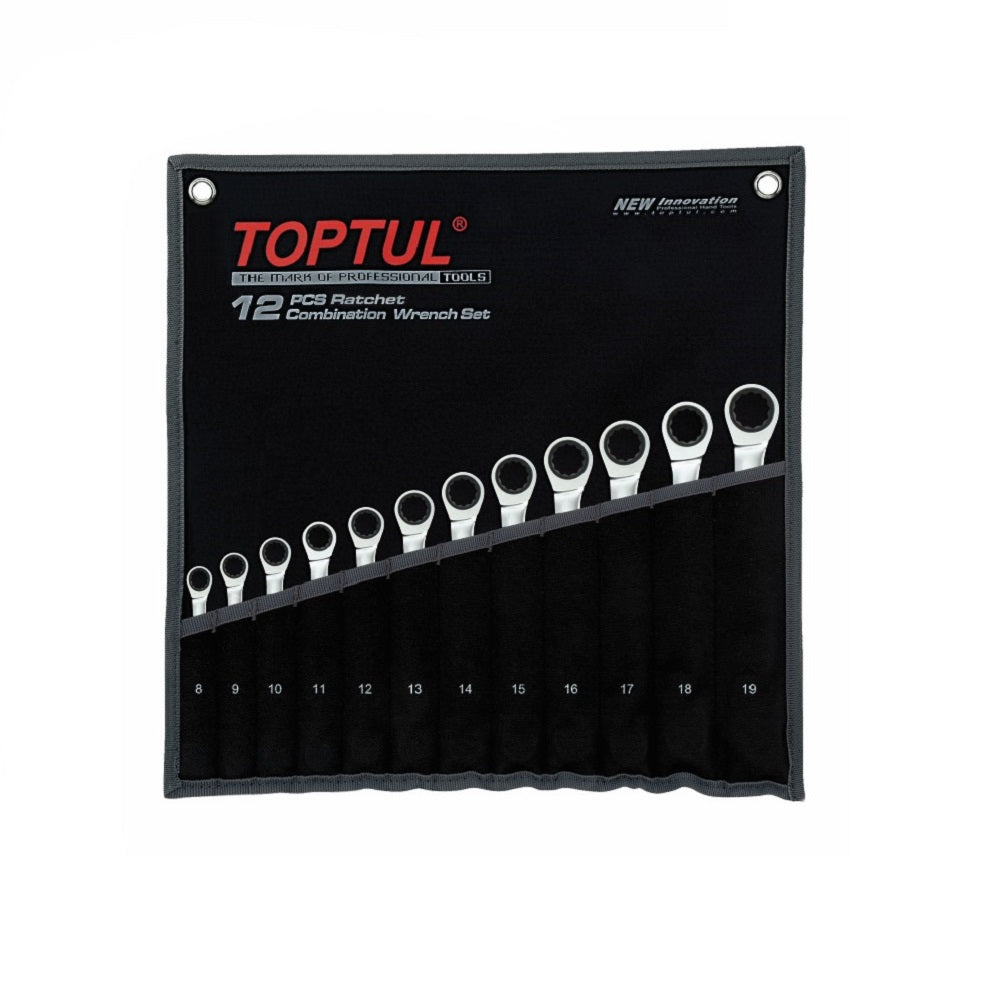 Toptul Wrench Geared Set 12 Pce 8-19mm-GPAQ1202. Front view of wrench set in a black canvas pouch.