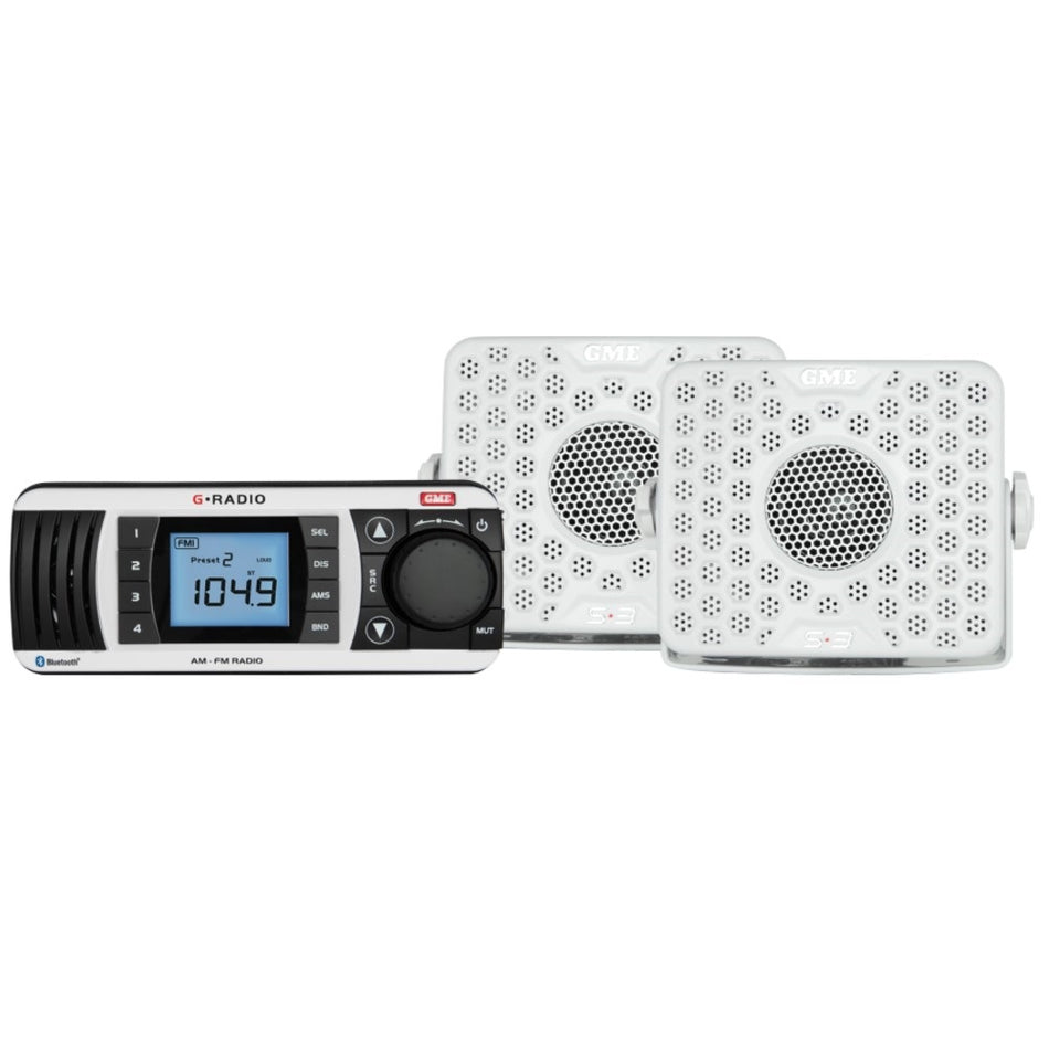 Bluetooth Marine Stereo Entertainment Pack-GR300BTWEP. Front view of Marine Stereo with 2 white speakers.