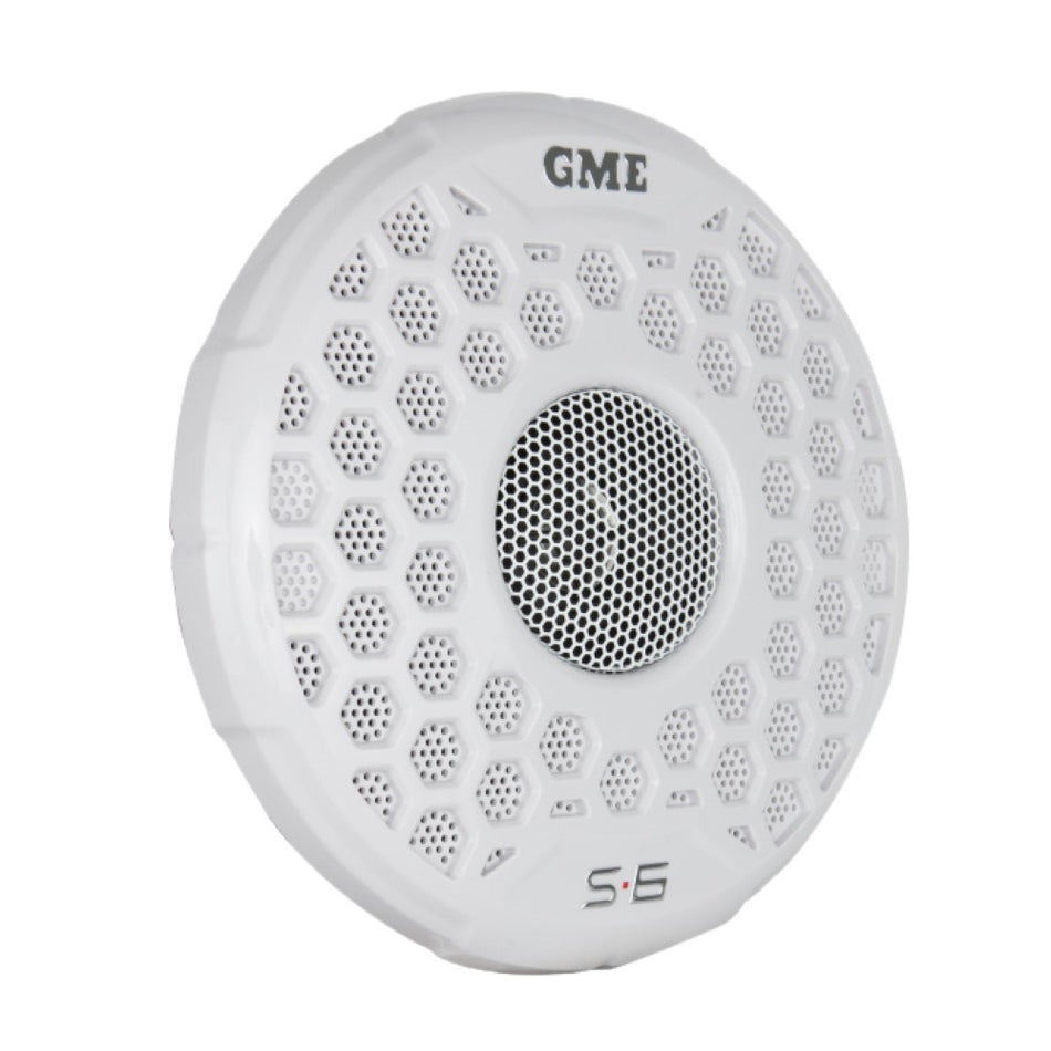 GME Marine Flush Mount Speakers White 140 Watt-GS600.  Front view of white compact round speakers.