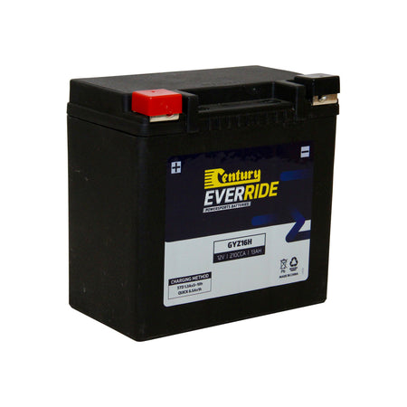 EverRide Battery: Motorcycle AGM VRLA 12V 210CCA-GYZ16H. Front view of black battery with yellow and white EverRide logo on front and one black negative and one red positive terminal.