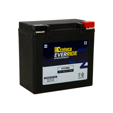 EverRide Battery: Motorcycle AGM VRLA 12V 210CCA - GYZ16HL. Front view of black battery with yellow and white EverRide logo and one red positive and one black negative terminal.