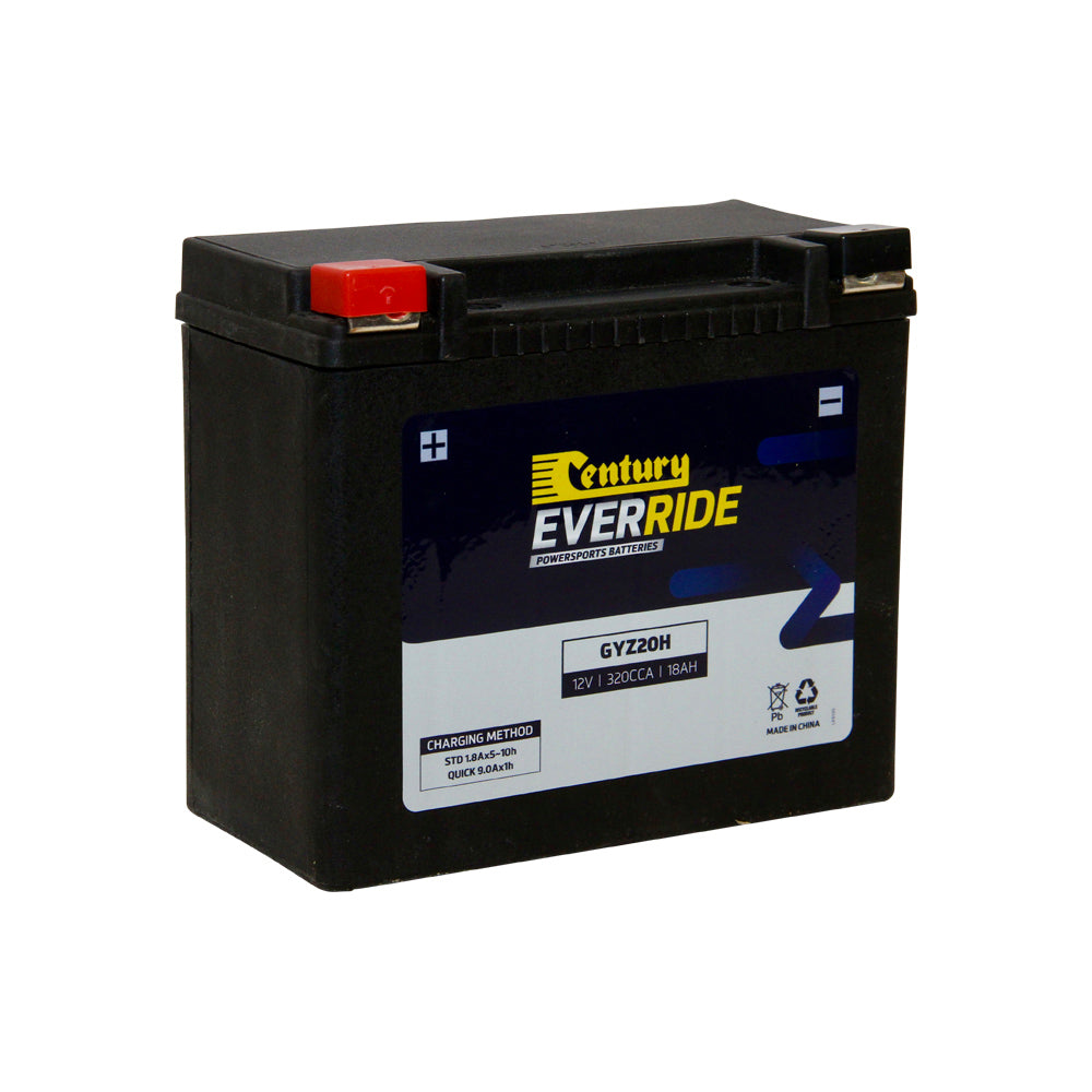 EverRide Battery: Motorcycle AGM 12V 320CCA - GYZ20H. Front view of black battery with yellow and white EverRide logo and one red positive and one black negative terminal.