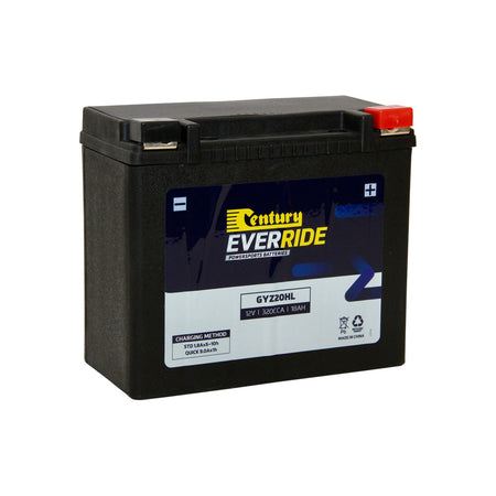 Everide Battery: Motorcycle AGM 12V 320CCA - GYZ20HL. Front view of black battery with yellow and white EverRide logo and one red positive and one black negative terminal.