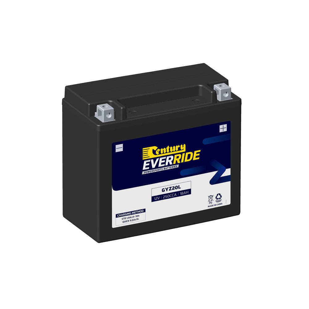 EverRide Battery: Motorcycle AGM 12V 250CCA-GYZ20L. Front view of black battery with blue and white sticker on front and grey terminals.