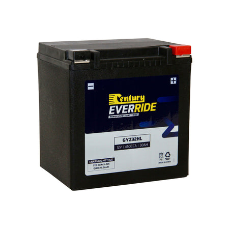 EverRide Battery: Motorcycle AGM 12V 450CCA - GYZ32HL. Front view of black battery with yellow and white EverRide logo and one red positive and one black negative terminal.